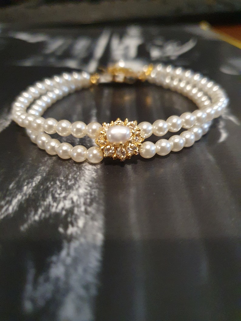 Bridal Bracelet, Rhinestone and Pearls, Victorian Jewelry ,Wedding , Gold OR Silver, Swarovski Rhinestone Crystals, Ivory White Pearls Jane image 5