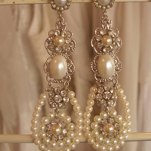 Bridal Chandelier Earrings Golden Filigree and Swarovski Crystal Rhinestone and Pearl Chandeliers Victorian Earrings Ivory Cream Pearls image 1