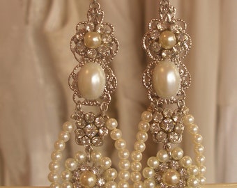 Bridal Chandelier Earrings Golden Filigree and Swarovski Crystal Rhinestone and Pearl Chandeliers Victorian Earrings Ivory Cream Pearls