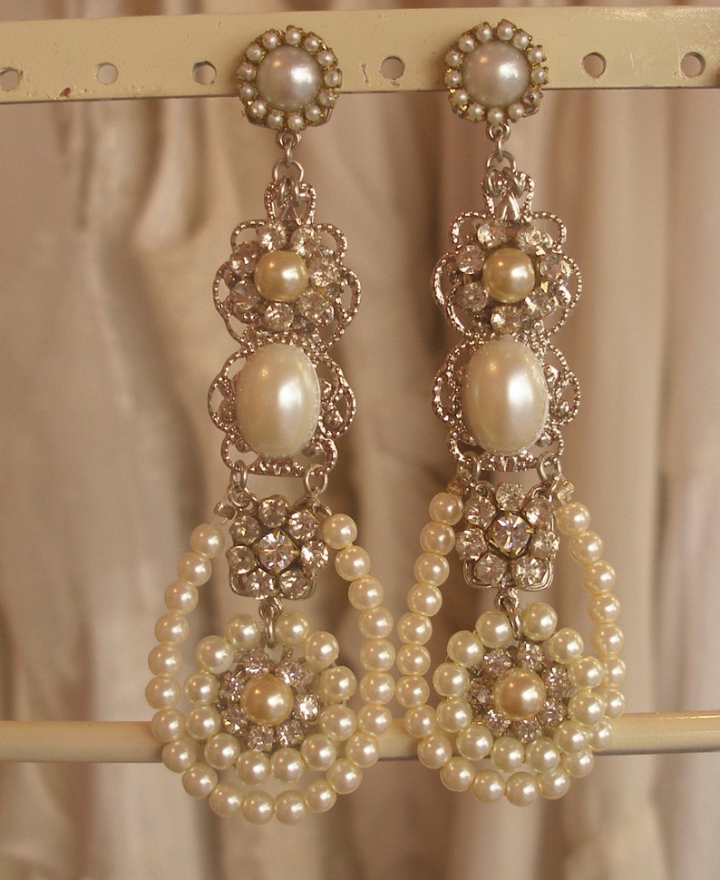 Bridal Chandelier Earrings Golden Filigree and Swarovski Crystal Rhinestone and Pearl Chandeliers Victorian Earrings Ivory Cream Pearls image 1