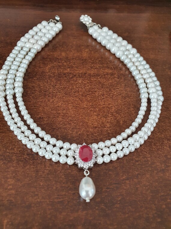 Wedding Necklace Pearls and Genuine Ruby Red Stone Ivory White Pearls Necklace Bridal Drop Pearl Vintage Style Silver Necklace Ruby Choker Etsy UK
