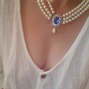Gold triple strand pearls Sapphire Necklace Wedding Pearl Bridal Choker Rhinestone Something Blue Multi Row Vintage Jewelry Lady D OOAK image 10