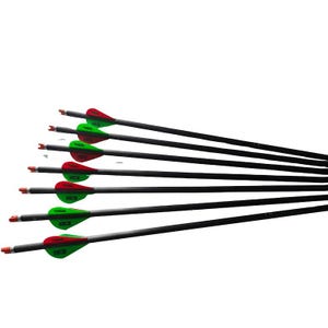 May include: A set of six black arrows with red and green fletching. Each arrow has a silver tip and is angled towards the right. The fletching is a combination of red and green, with a streamlined design.