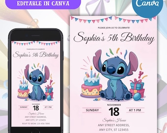 Stitch Birthday Invitation, Editable Canva Party Invite (Digital Download)