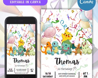 Invito di compleanno a tema Pokémon / Modello per festa di Pikachu modificabile (Download digitale)