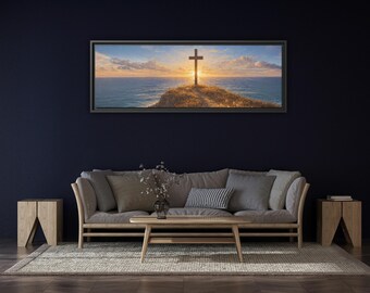 Christliches Kreuz bei Sonnenuntergang - Sonnenuntergang - gerahmte Leinwand