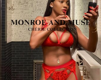 Scarlet Red Letter Thong Set| Red Lace Lingerie Set| Monroe and Muse Chérie Collection