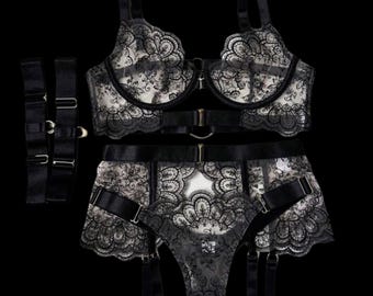 Noir Society Garter Set| Black Lace Lingerie Set| Monroe and Muse Chérie Collection