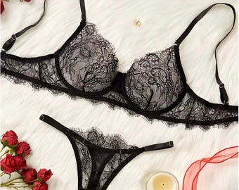 Noir Muse Thong Set| Black Lace Lingerie Set| Monroe and Muse Chérie Collection