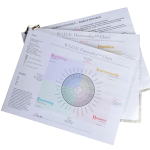 May include: A stack of white printed charts held together with a metal clip. The charts feature text and circular diagrams with colour-coded sections. Titles include "PAIRING DYNAMICS - RISKS & REWARDS" and "R.I.D.E. Humanality™ Chart."