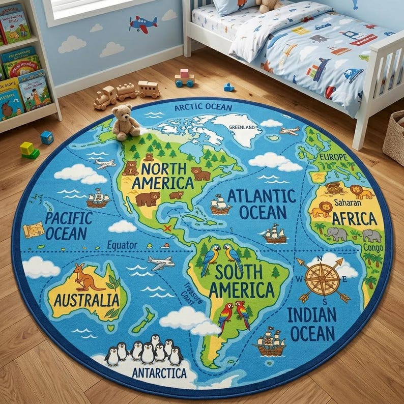 Kids World Map Round Rug, Educational Playroom Geography Carpet, Animal ...
