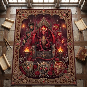 Pode incluir: Um tapete retangular com um dragão vermelho central sentado num trono, rodeado por rosas vermelhas, tochas acesas, escudos e estandartes. A borda é ornamentada com filigrana dourada e gemas vermelhas. À volta do tapete há pergaminhos, um compasso e um livro.