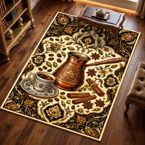 May include: A rectangular area rug featuring a central copper coffee pot, a matching cup and saucer, scattered coffee beans, cinnamon sticks, and star anise. The design includes intricate floral patterns in shades of brown, cream, and black.