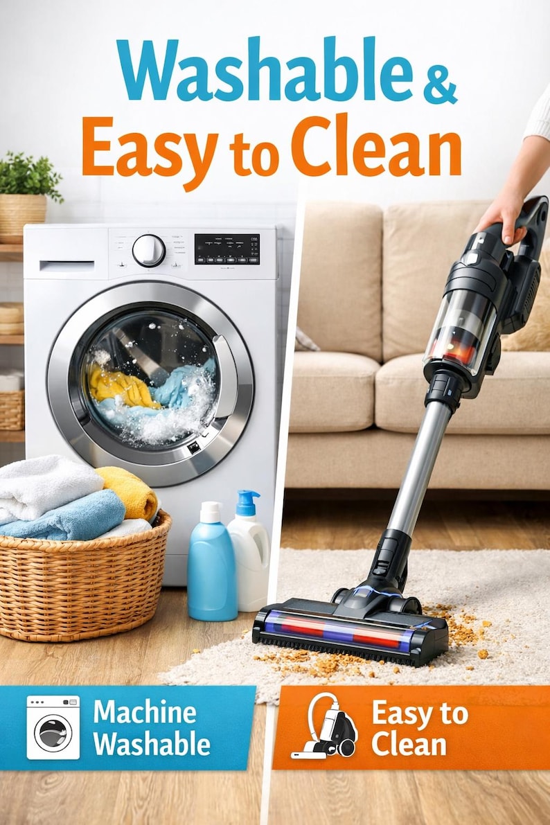 May include: Image showcasing a washing machine and a cordless vacuum cleaner. The washing machine is white, with a basket of clean towels and laundry detergent bottles. The vacuum cleaner is black and silver, with the text "Washable & Easy to Clean".