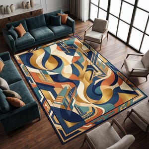 May include: A large, rectangular area rug with an abstract geometric design. The rug features a color palette of navy blue, gold, orange, and cream. The design includes flowing shapes and angular lines, creating a modern aesthetic. The rug is placed in a living room setting.