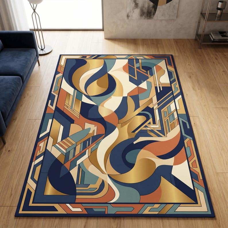 May include: Rectangular area rug with an abstract geometric design. The rug features a navy blue border and a central pattern of gold, cream, teal, and rust-colored shapes. The design includes curved lines and angular elements.