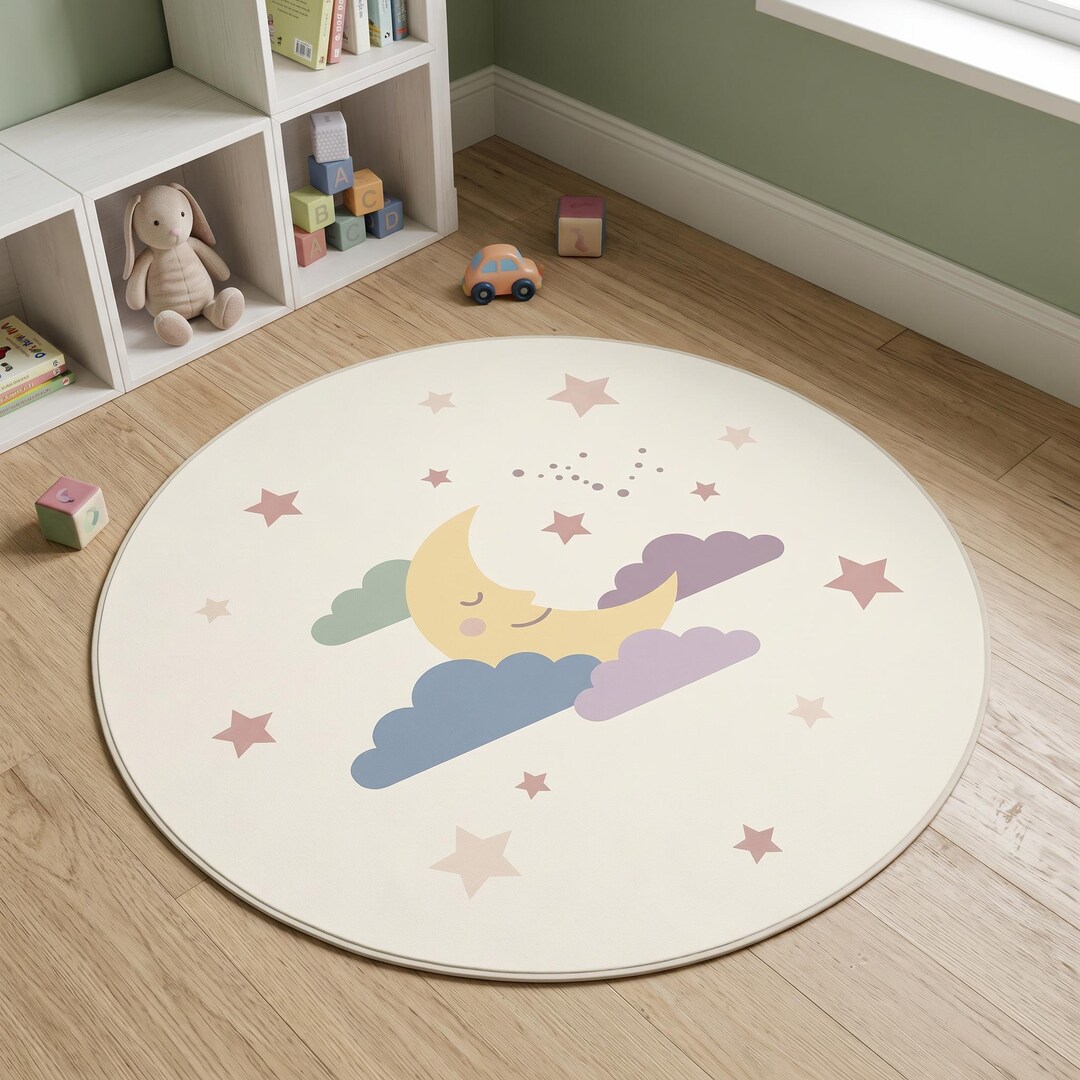 Baby Sleep Rug Cute Moon Nursery Round Rug, Pastel Baby Room Carpet, Celestial Kids ...