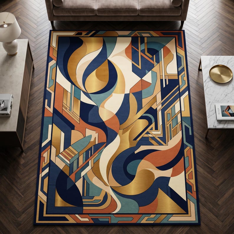May include: A rectangular area rug with an abstract geometric design. The rug features a navy blue border and a central pattern of flowing shapes in gold, orange, cream, and teal. The rug is placed on a dark wood floor.