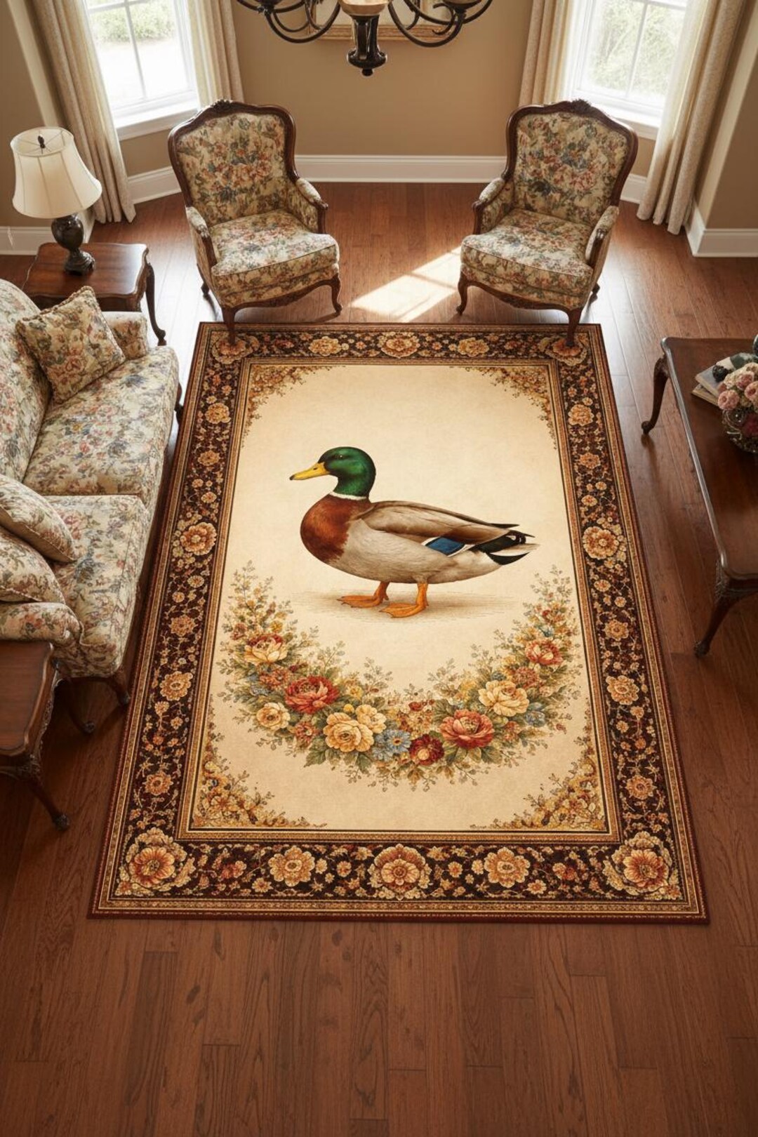 Vintage Duck Floral Rug, Farmhouse Botanical Carpet, Cottagecore Style ...