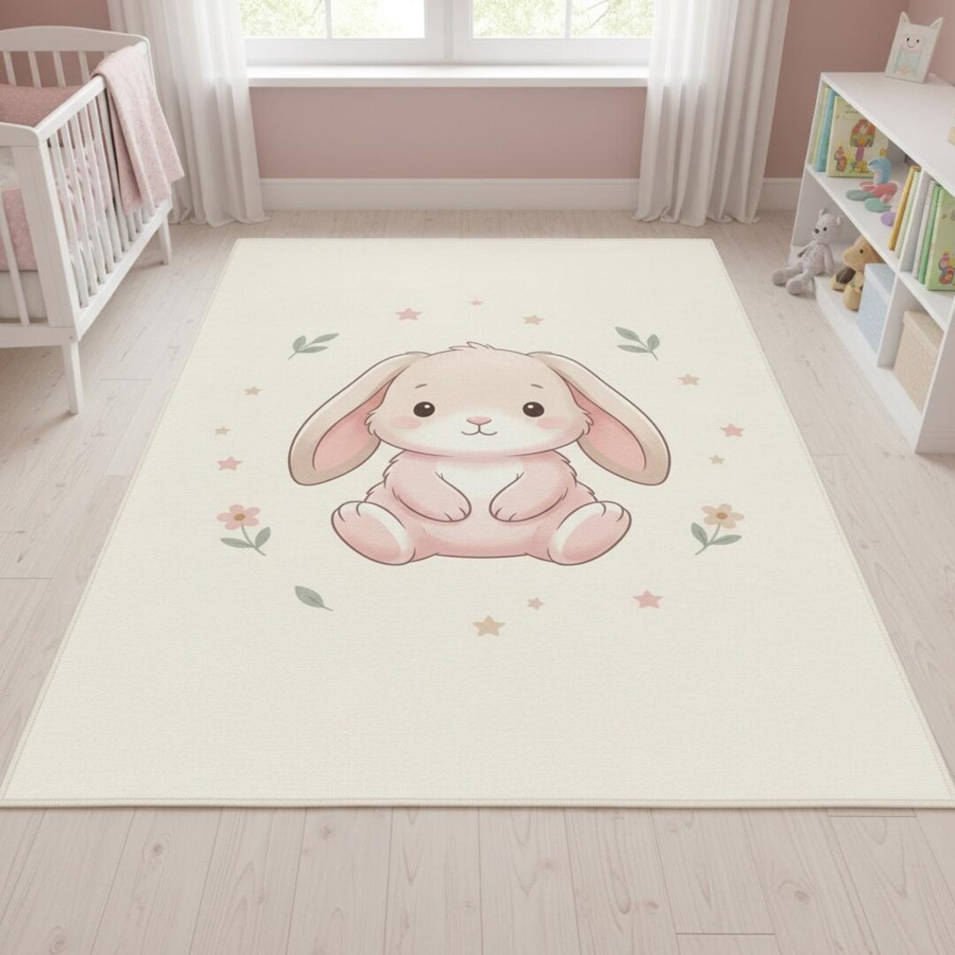 Cute Bunny Nursery Rug, Baby Animal Rug, Kids Room Carpet, Pastel ...