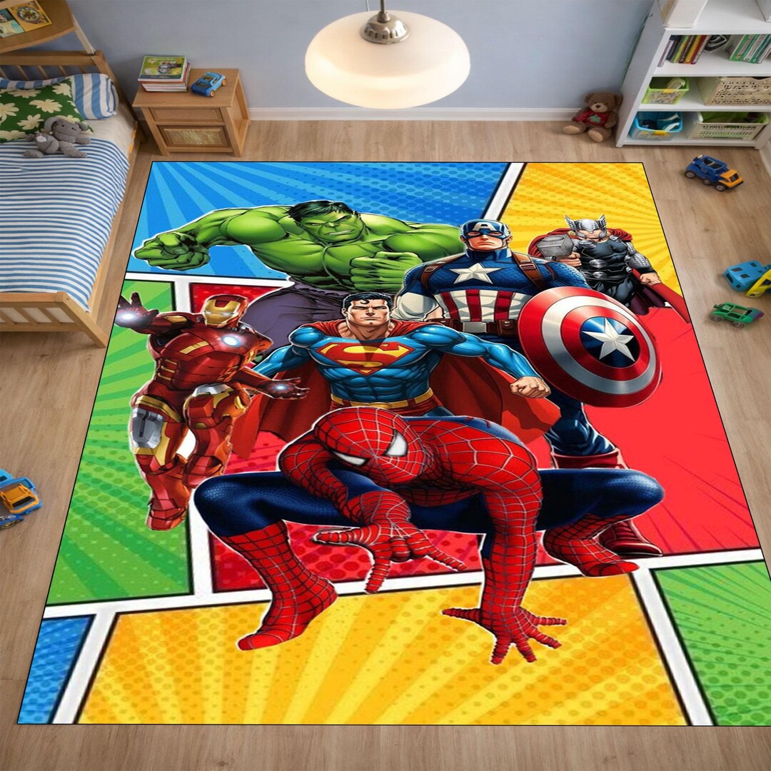 Teen Superhero Comic Rug – Colorful Action Hero Carpet for Boys Room ...