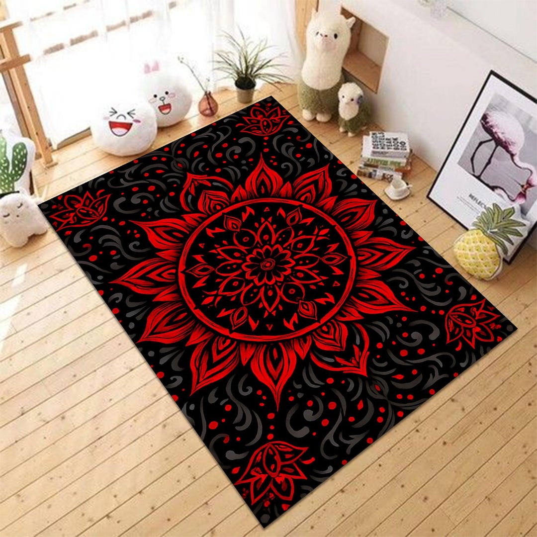 Red Abstract Boho Rug Red Gothic Mandala Rug, Black Boho Floral Medallion Carpet, Dark ...