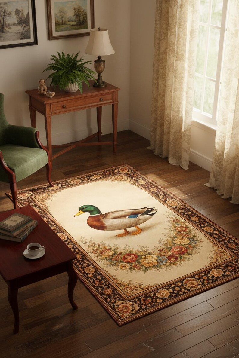 Vintage Duck Floral Rug, Farmhouse Botanical Carpet, Cottagecore Style ...