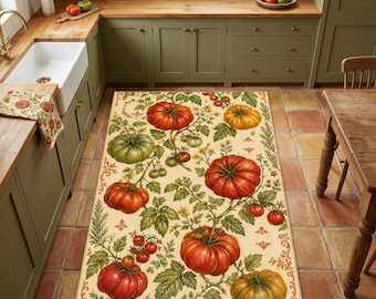 May include: A rectangular area rug featuring a botanical print of red and green heirloom tomatoes on vines with green leaves and small yellow flowers against a cream background, accented by decorative scrollwork borders on the sides.