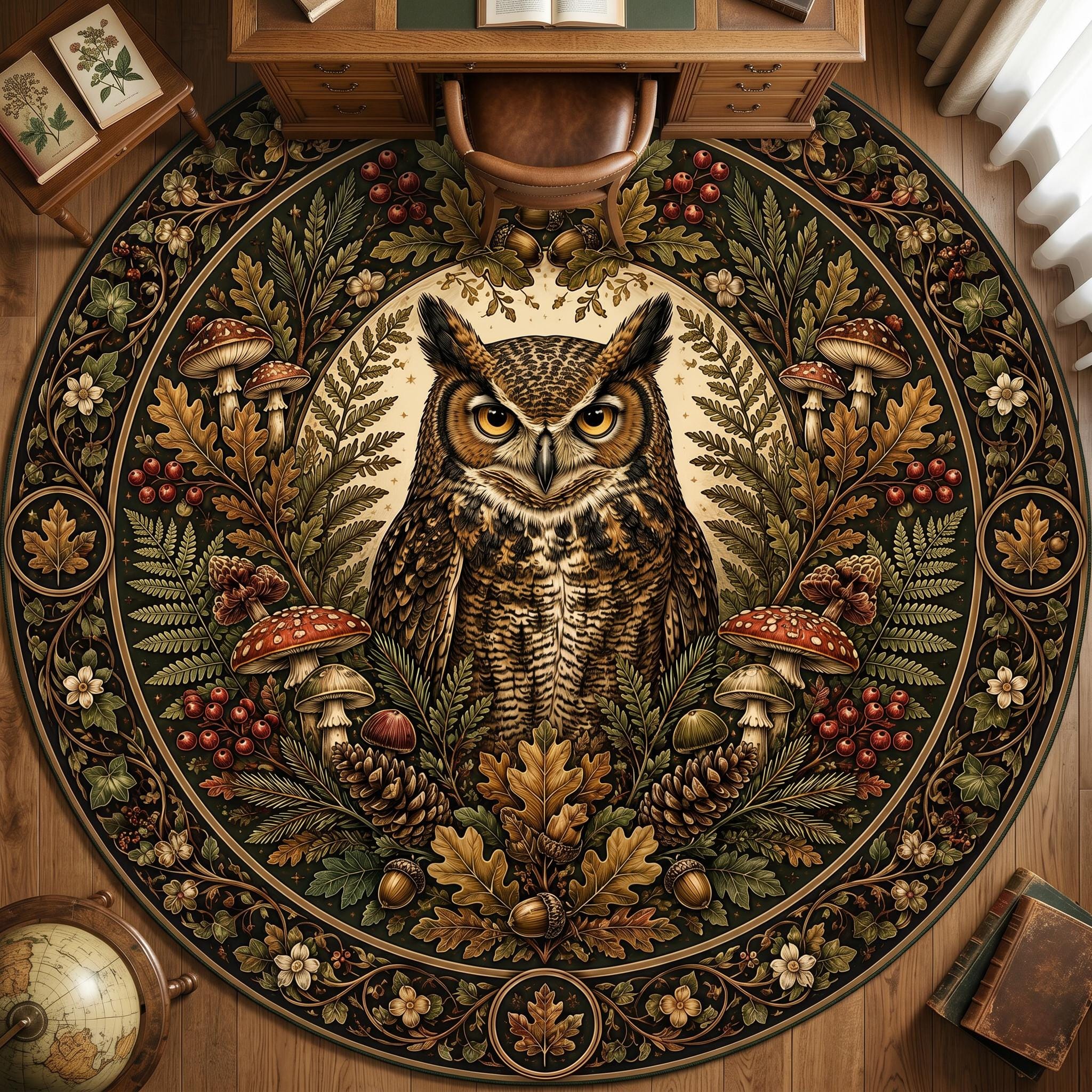 Woodland Owl Round Rug, Forest Owl Area Rug, Rustic Nature Decor, Cottagecore Woodland Carpet, Botan
