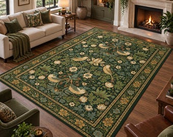 May include: A rectangular area rug featuring a dark green background with a repeating pattern of light-colored birds, cream-colored flowers, and green foliage. The rug has a wide decorative border with floral motifs and a thin gold-toned trim.