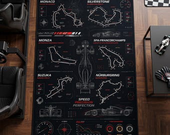May include: A rectangular black rug featuring white line drawings of six famous Formula 1 race tracks including Monaco, Silverstone, Monza, Spa-Francorchamps, Suzuka, and Nürburgring. The design includes technical diagrams, car silhouettes, and the text SPEED PRECISION PERFECTION.