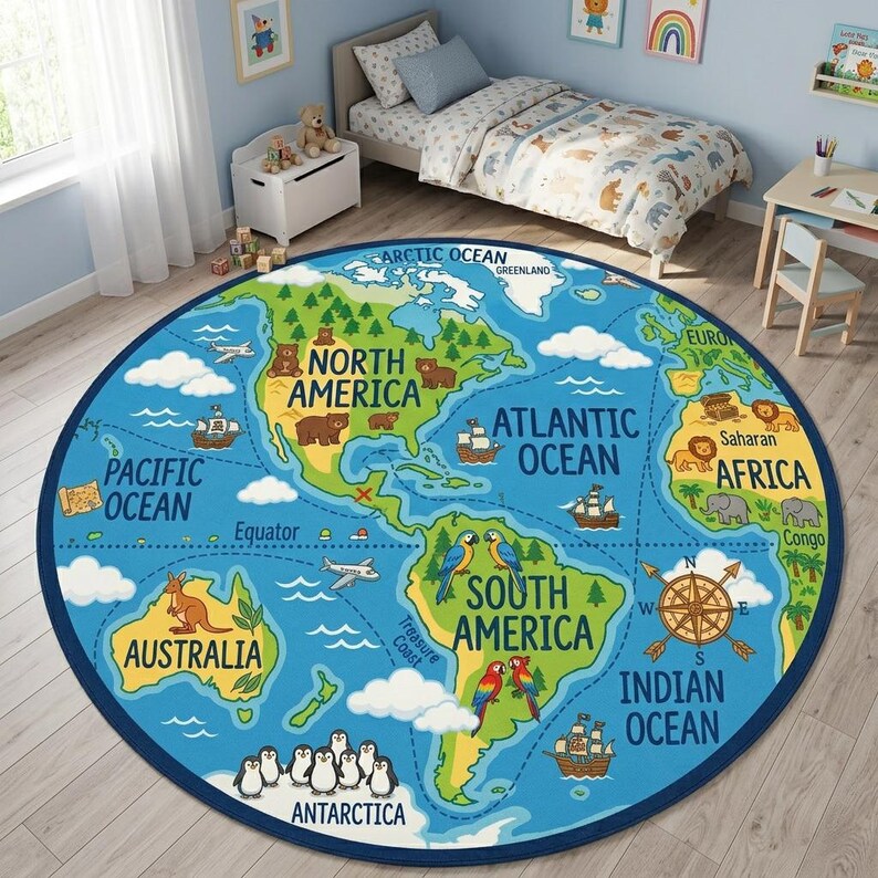 Kids World Map Round Rug, Educational Playroom Geography Carpet, Animal ...
