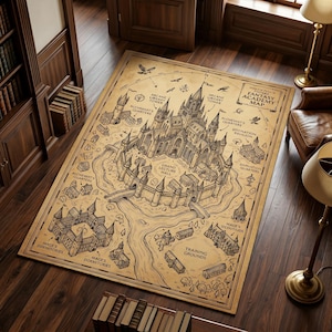 May include: A rectangular rug with a detailed map design. The map features a castle, labeled locations like "Grand Lecture Hall" and "Training Grounds," and the text "Fantasy Academy Map." The rug is beige with brown illustrations.