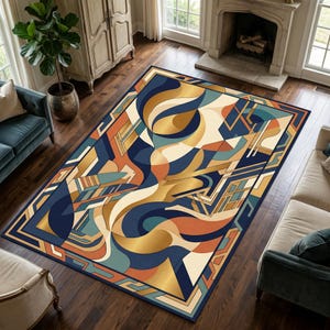 May include: A rectangular area rug with an abstract geometric design. The rug features a navy blue border and a central pattern of gold, cream, teal, and orange shapes. The rug is placed on a dark wood floor in a living room setting.