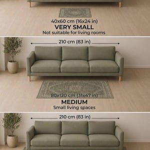 May include: Three olive green sofas, each 83 inches wide, are displayed with different sized rugs. The smallest rug is 16x24 inches, the medium rug is 31x47 inches, and the largest rug is 63x94 inches. Text indicates the rug sizes and suitability for living rooms.