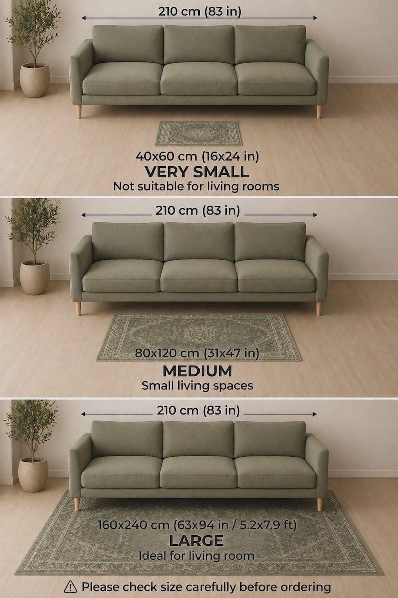 May include: Three olive green sofas, each 83 inches wide, are displayed with different sized rugs. The smallest rug is 16x24 inches, the medium rug is 31x47 inches, and the largest rug is 63x94 inches. Text indicates the rug sizes and suitability for living rooms.