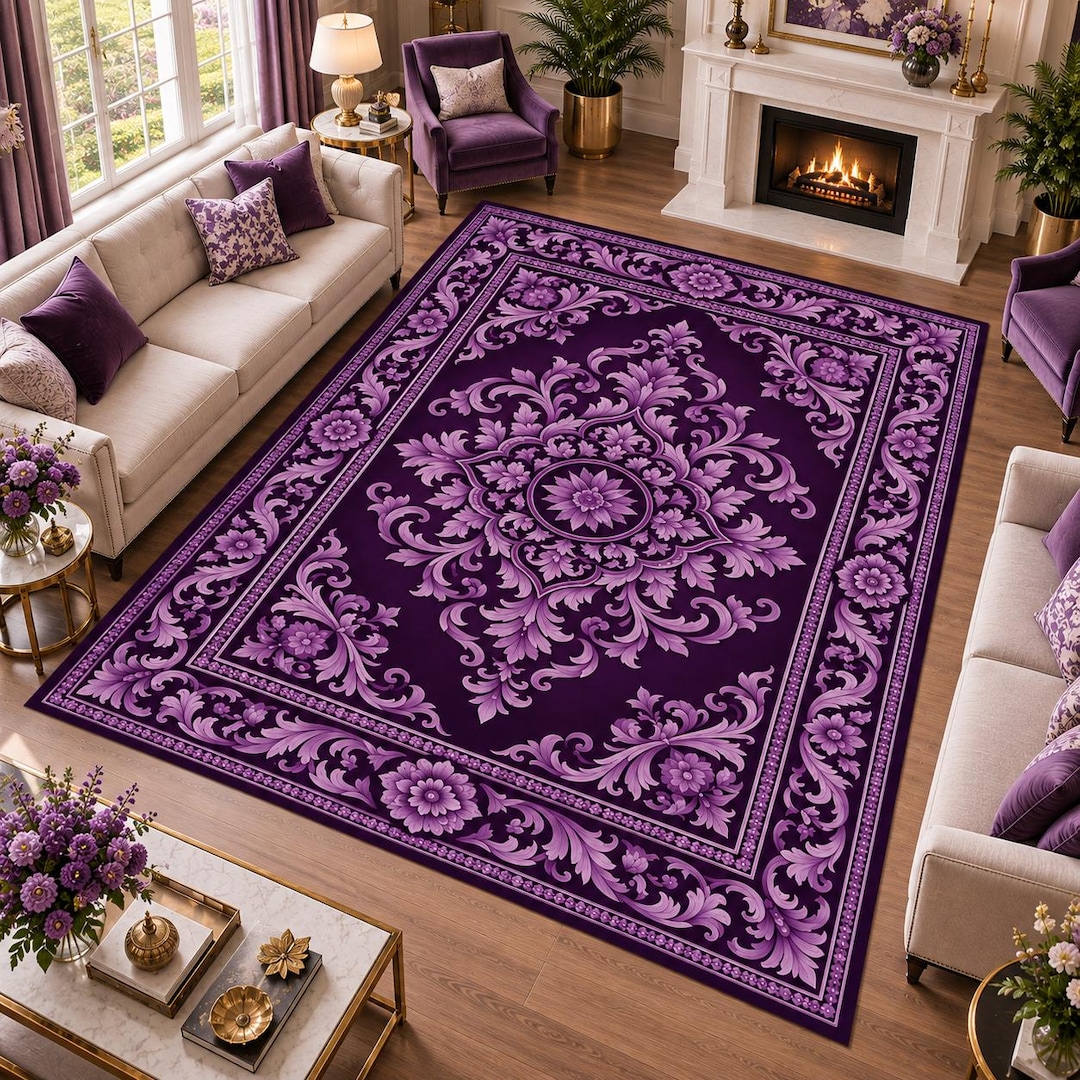 Luxury Purple Gothic Baroque Rug, Victorian Floral Medallion Area