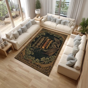 Dragon Library Area Rug, Gothic Bookcase Carpet, Fantasy Reading Room Rug, Dark Academia Decor, Mystic Dragon Floor Rug