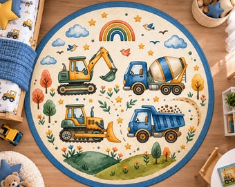 Construction Truck Rug, Boys Nursery Decor, Excavator Dump Mixer Theme, Round Kids Carpet