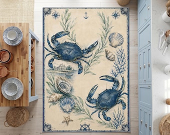 Coastal Blue Crab Rug, Nautical Beach House Carpet, Vintage Seafood Kitchen Rug, Ocean Cottage Coastal Decor
