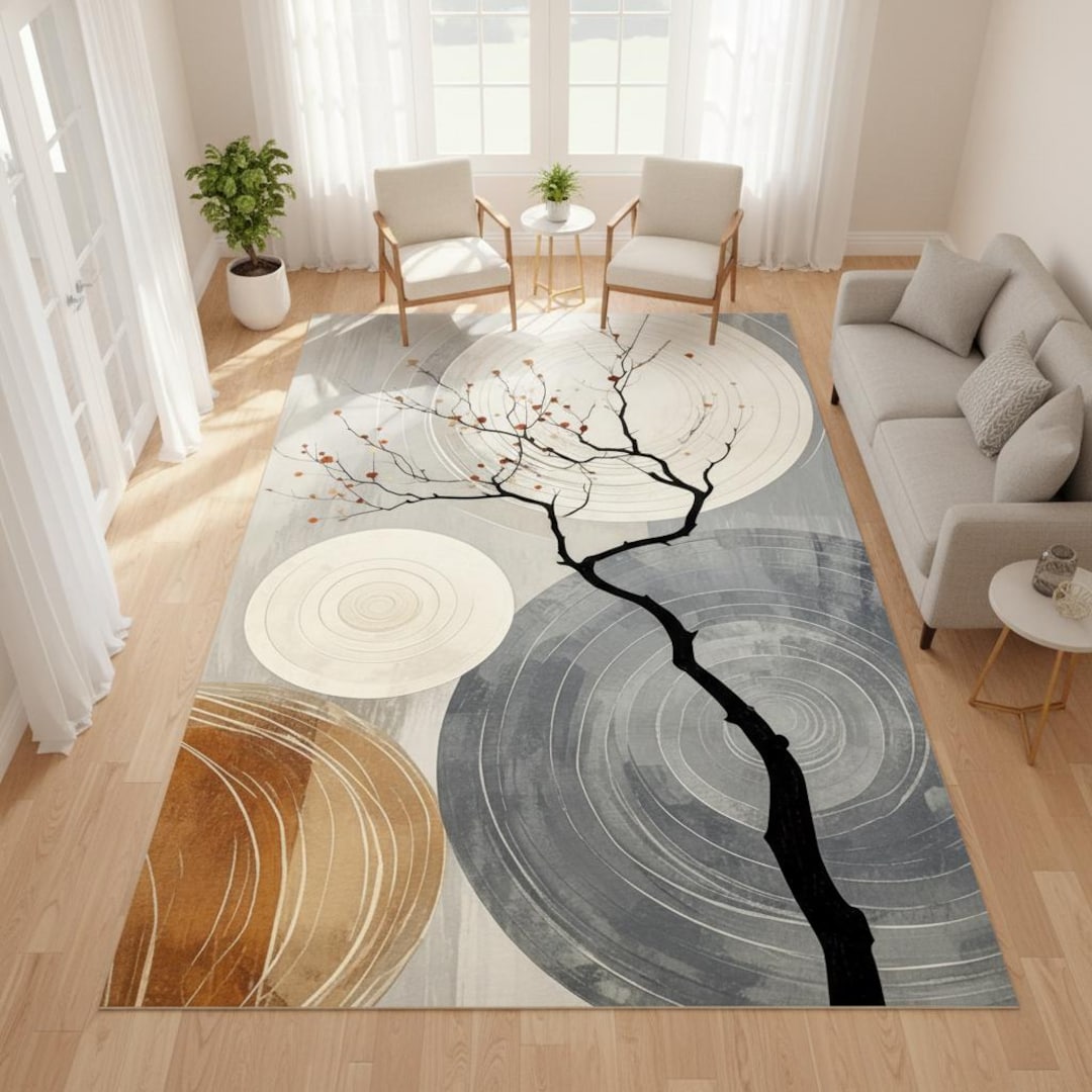 Minimalist Zen Tree Abstract Circle Rug, Japanese Wabi Sabi Area Carpet ...