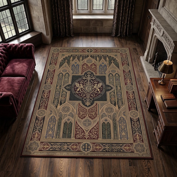 Gothic Cathedral Crest Rug, Medieval Heraldic Carpet, Dark Academia Gothic Decor, Royal Crest Rug, Vintage Castle Aesthetic Rug