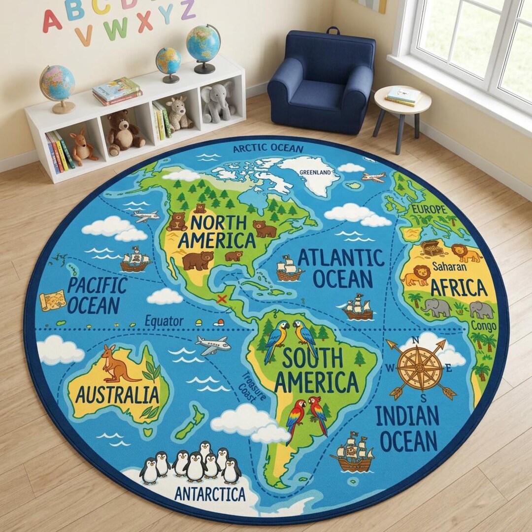 Kids World Map Round Rug, Educational Playroom Geography Carpet, Animal ...