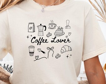 Coffee Lover T-Shirt, Minimalist Line Art Coffee Icons, Cozy Cafe Graphic Tee