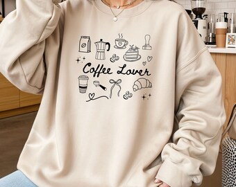 Kaffee-Liebhaber-Pullover, minimalistische Linie Kunst-Kaffee-Symbole, gemütliches Cafe-Grafik-T-Shirt