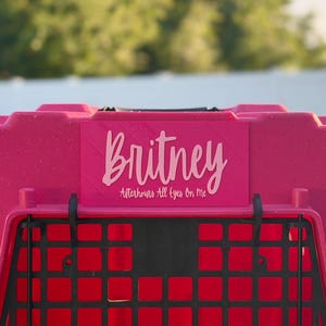 以下が含まれることがあります： 明るいピンク色のプラスチック製ペット用キャリーケース。長方形のプレートには「Britney」という名前と「Afterhours All Eyes On Me」という文字が薄いピンク色の筆記体で記されています。黒い金属製の格子扉と、斑点模様のテクスチャがある表面が特徴です。