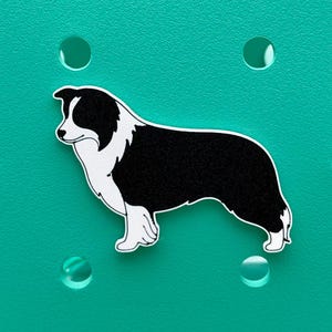 May include: A shoe charm shaped like a Border Collie dog with a black and white coat. The dog is depicted in a side profile standing position with a white chest, white paws, and a black body. The charm features a white outline and a flat surface.