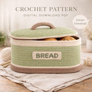Schema per portapane all'uncinetto in formato PDF, cestino portaoggetti da cucina in stile rustico con coperchio, organizer per pane rustico fai da te, schema all'uncinetto facile o intermedio