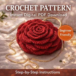 Crochet Rose Bag Pattern PDF Step By Step Floral Purse Tutorial With Video Easy 3D Flower Handbag DIY