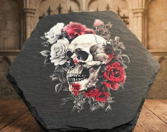 Posavasos gótico de pizarra con forma de calavera hexagonal, posavasos de pizarra con forma de calavera, artículos para el hogar con forma de calavera, regalo para amantes de las calaveras, ropa gótica con forma de calavera gótica